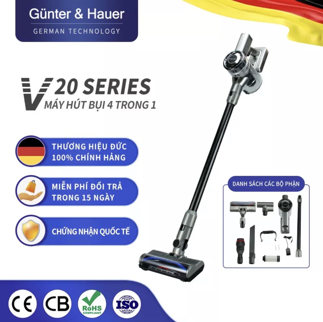 Günter & Hauer Máy Hút Bụi Cầm Tay Máy Hút Bụi Không Dây Sạc Điện 4 Trong 1 Đầu Chổi Một Máy Đa Năng LED Hiển Thị V20