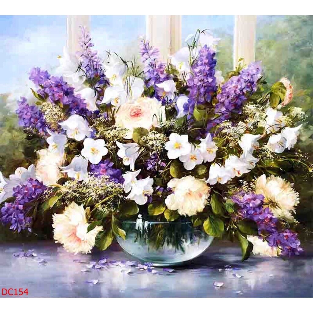 Tranh tráng gương treo tường Tĩnh vật bình hoa vẽ tay cổ điển. Trang trí phòng khách, phòng làm việc, phòng ngủ. Tặng đinh treo không khoan tường
