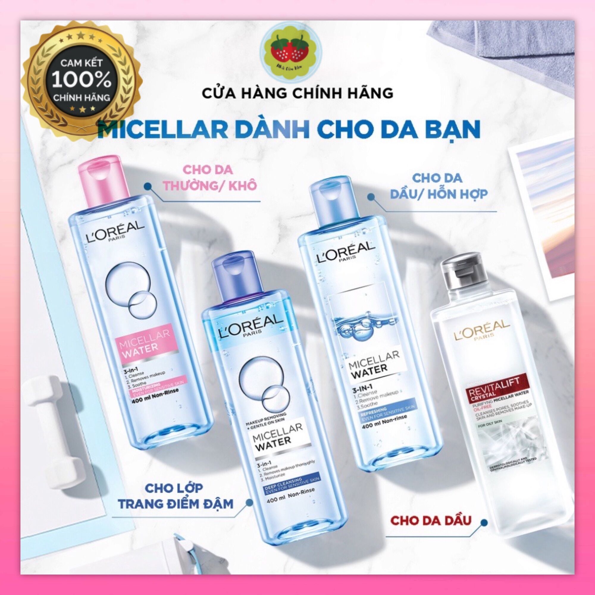Nước tẩy trang cho mọi loại da L'Oreal Paris 3in1 Micellar Water 400ml