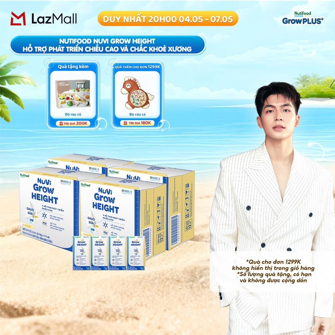 Combo 4 Thùng 24 hộp SBPS Nuvi Grow Height vị chuối + hỗ trợ phát triển chiều cao hộp 110ml