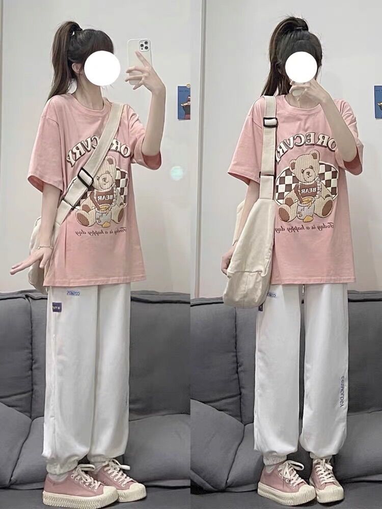 Set bộ áo thun mix quần bo chun - gấu hồng