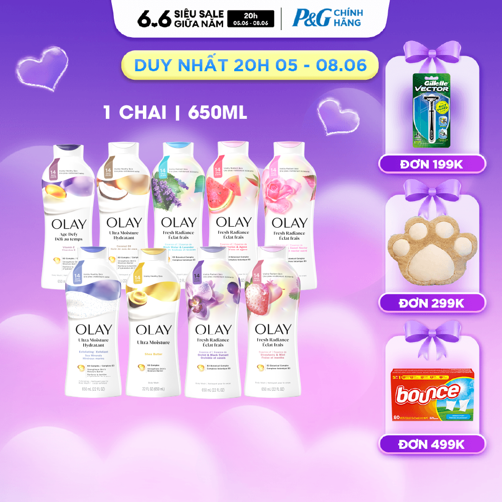 Sữa Tắm OLAY Nhập Khẩu Mỹ Dưỡng Da Hương Orchid Black/ Sea Salts/ Strawberry  Mint/ Shea Butter/ Almond Milk/ Age Defying/ Birch WaterLavender/ Rose/ Watermelon/ Coconut Chai 650ML