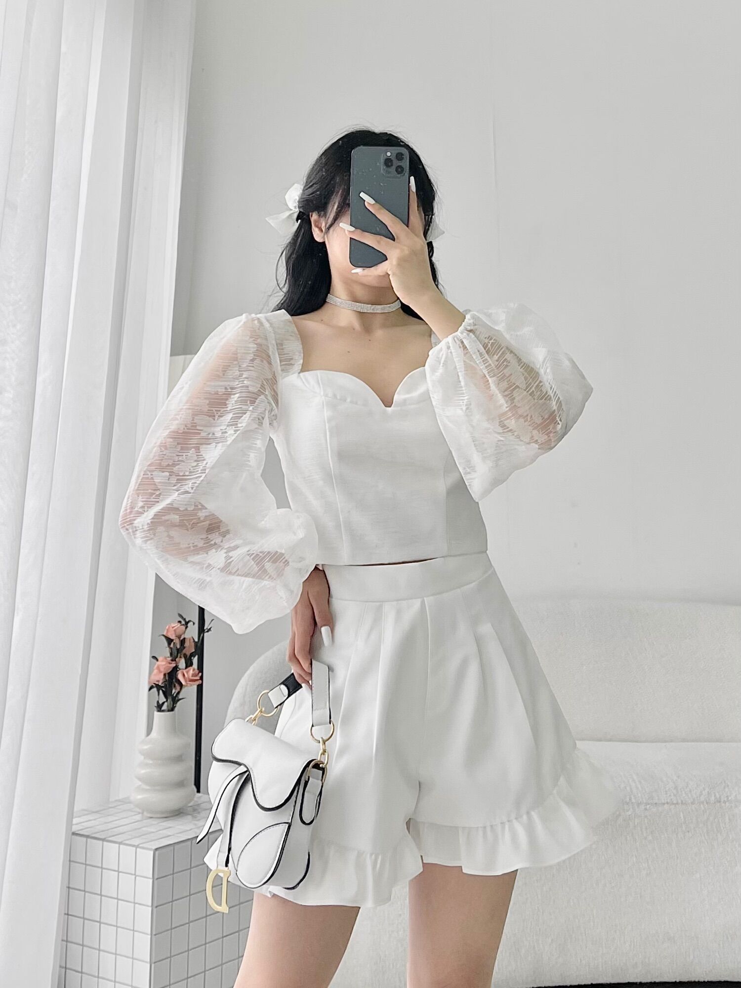 Áo croptop tay phồng lighter studio melina top voan lưới