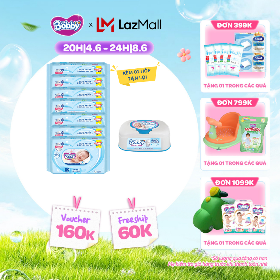 [QUÀ TẶNG HẤP DẪN TỪ 9-10.6][Tặng 1 hộp tiện lợi] Bộ 7 gói khăn giấy ướt trẻ em Bobby Care gói Bổ sung không mùi - 80 miếng