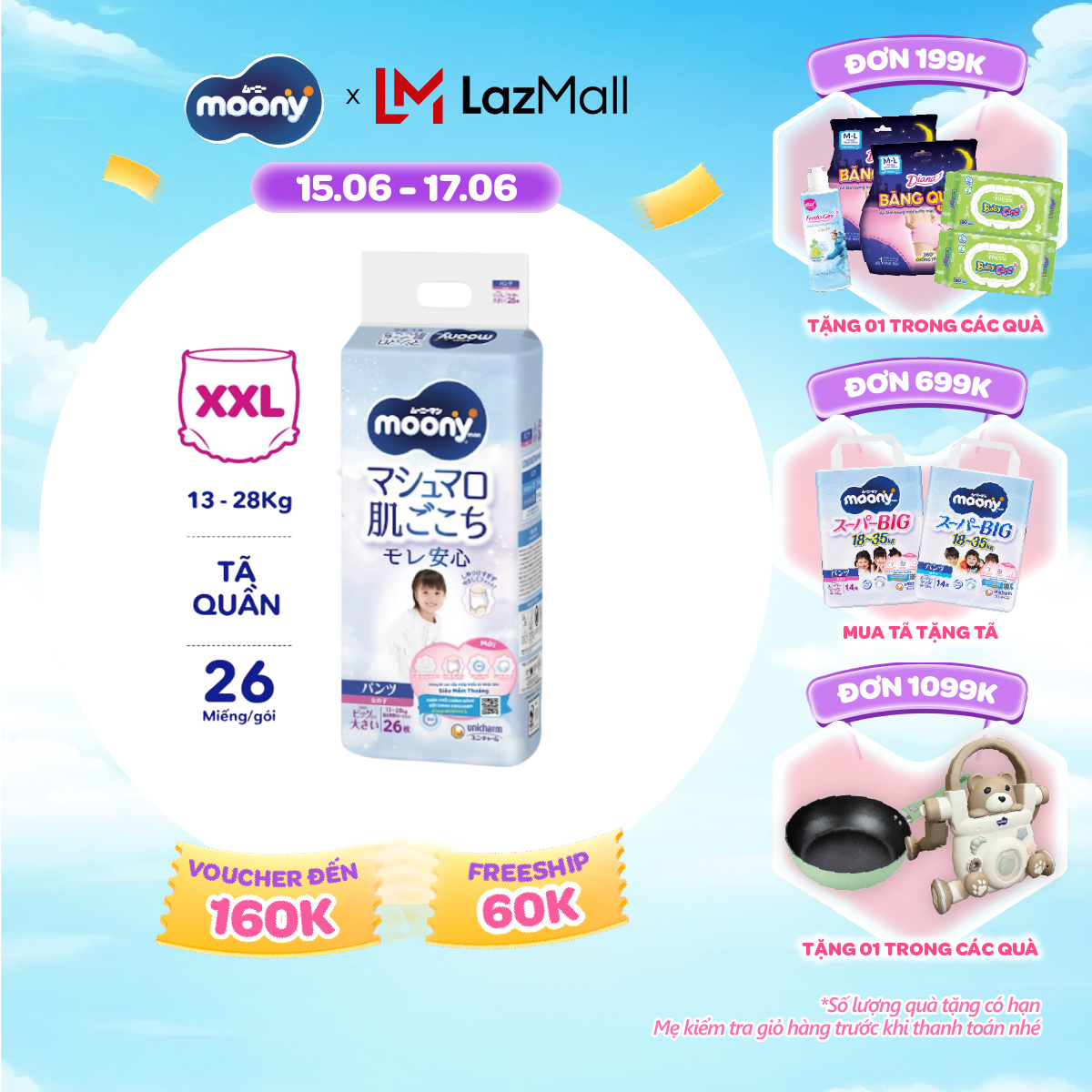[SALE GIỮA THÁNG tặng QUÀ TO-SLCH] Tã quần cao cấp Moony Bé Gái XXL26 miếng - Nhập khẩu từ Nhật Bản