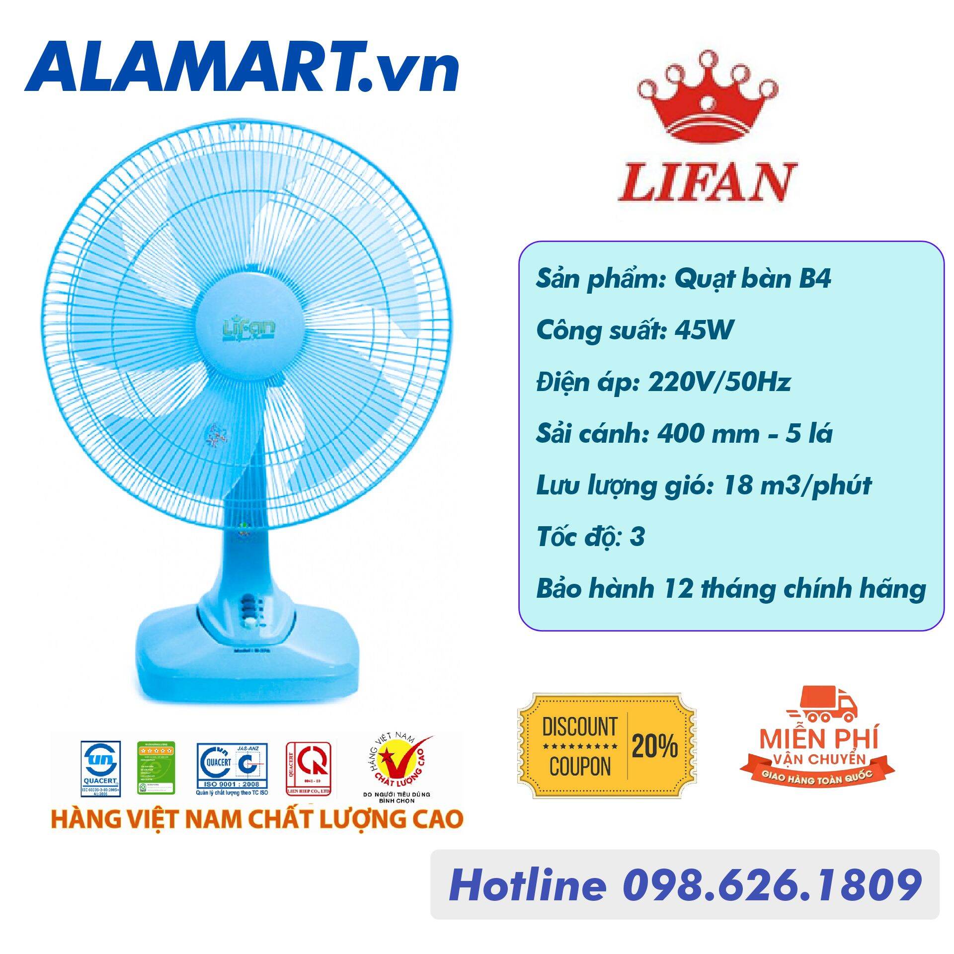 Quạt Bàn Lifan B-378 sải cánh 400mm động cơ dây đồng 45W hoạt động êm ái