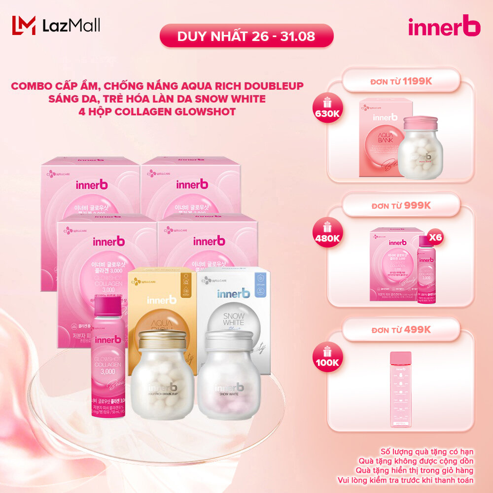 Combo thực phẩm bảo vệ sức khỏe InnerB Aqua Rich Doubleup + Innerb Snow White & 4 hộp 6 chai nước uống InnerB Glowshot