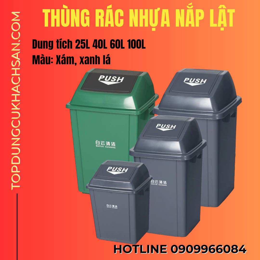 Thùng rác nhựa nắp lật Baiyun 25L, 40L, 60L, 100L - Xanh, xám