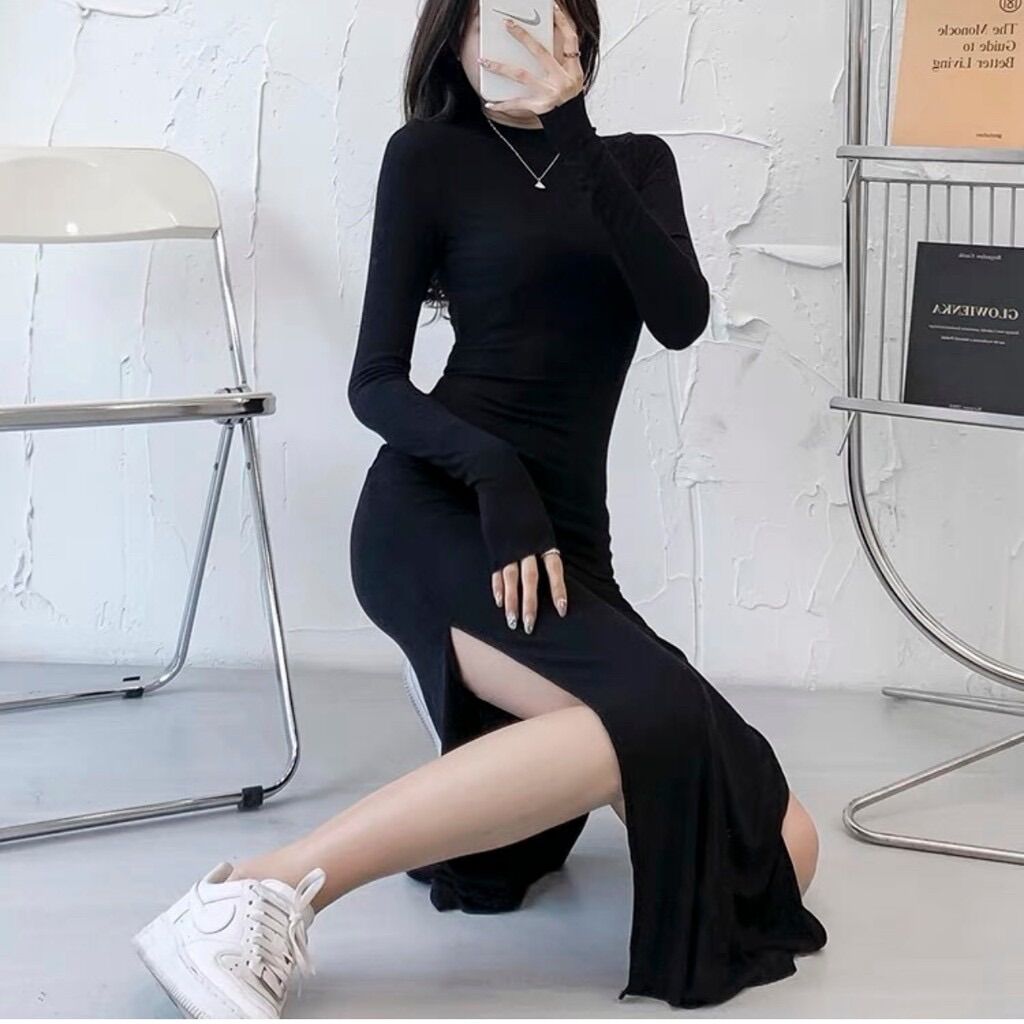Đầm ôm đen tuyền sang chảnh xẻ 2 bên DX