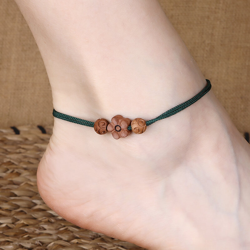 原创设计桃木绿色脚链女式细脚绳学生简约气质百搭小清新性感