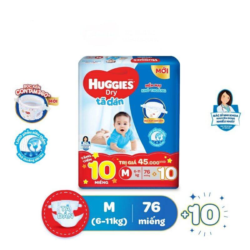 [Tặng 10 miếng] Tã dán Huggies M 76 +10 miếng. Date 2024