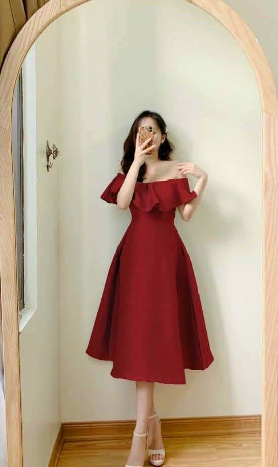 Đầm xòe trễ vai phối bèo quyến rũ
