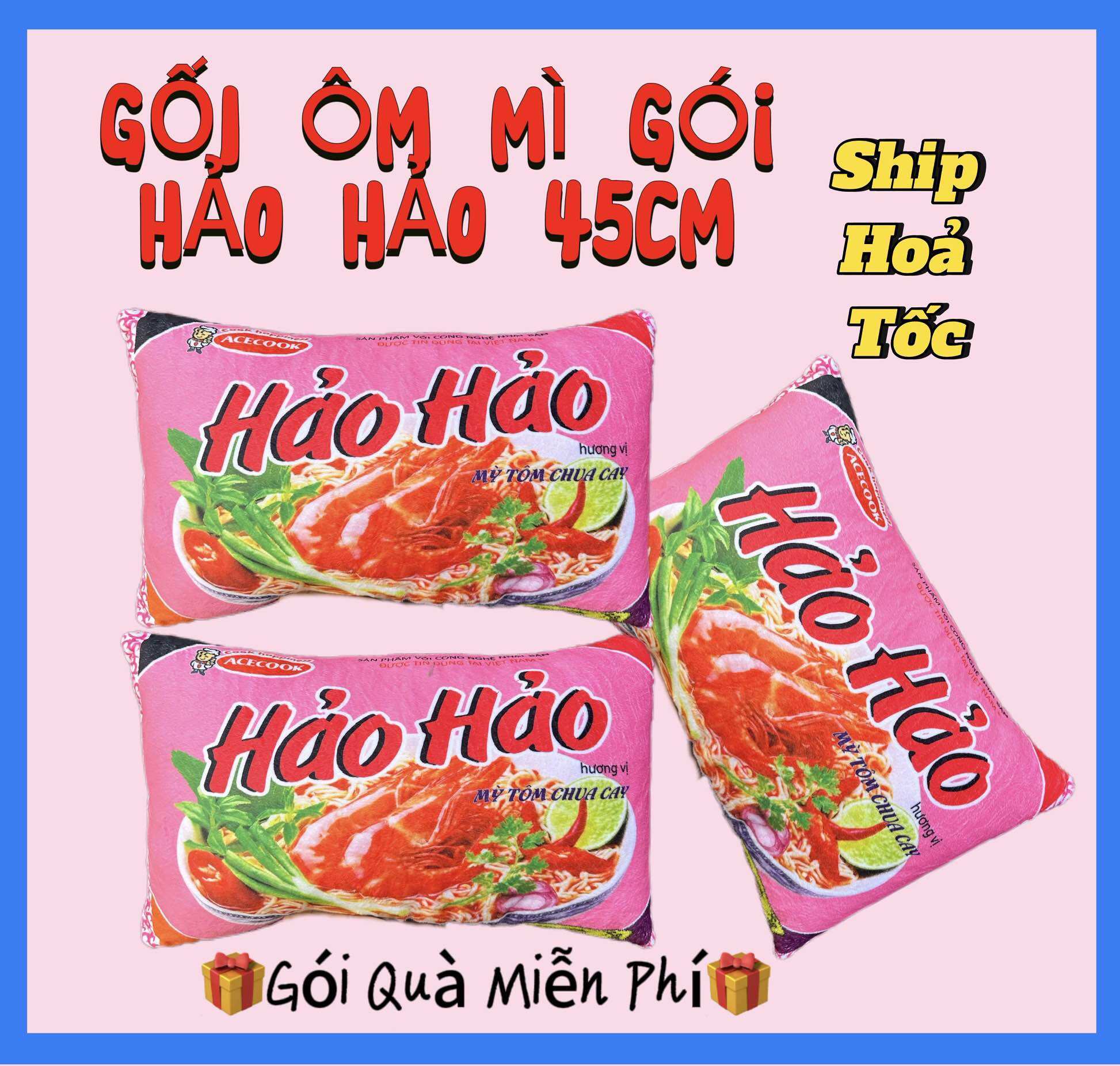 Gối ôm 3d gấu bông gói mì hảo hảo 45cm cao cấp-lông mịn,gòn trắng an toàn cho bé