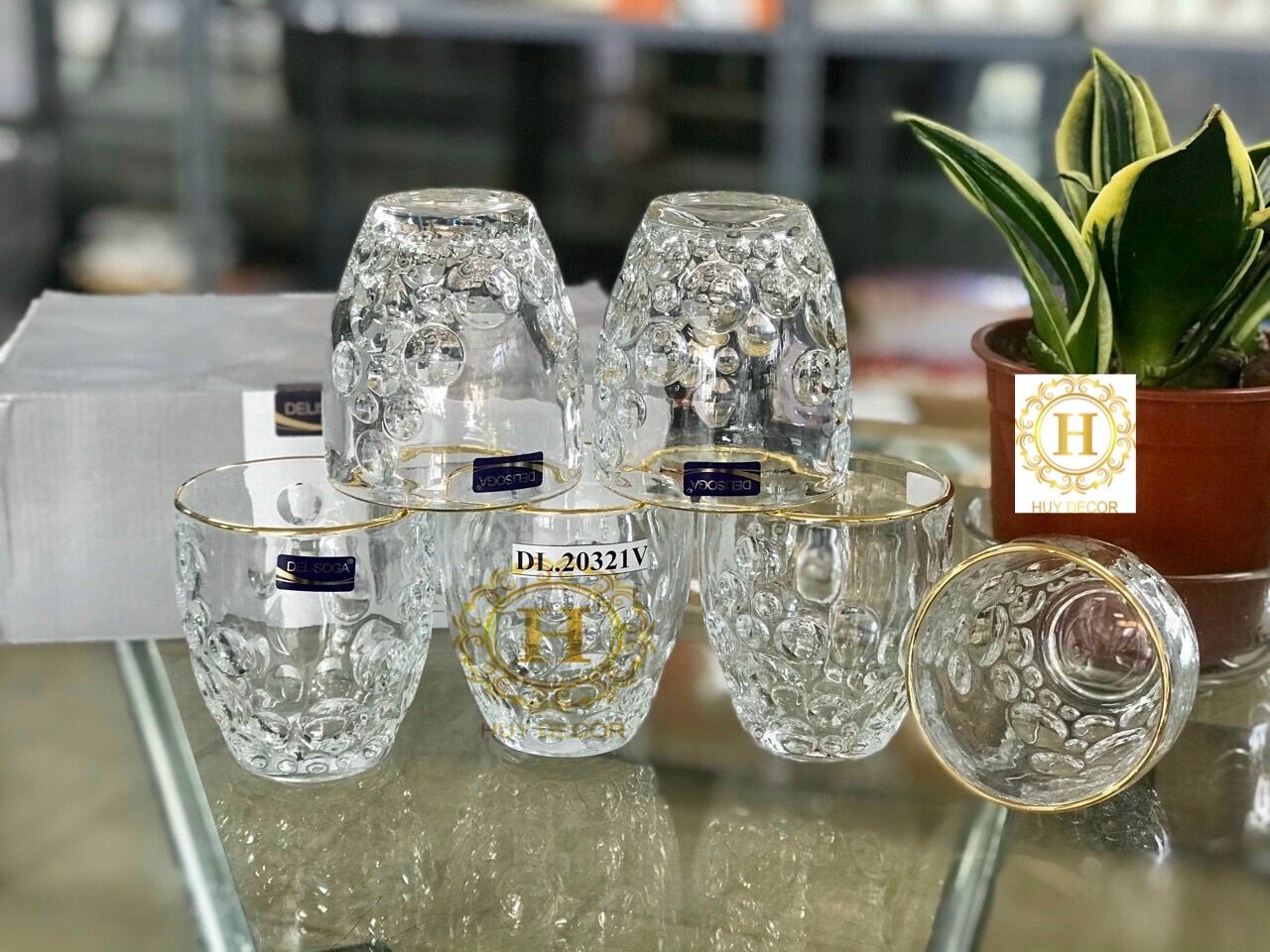 Cốc thuỷ tinh chịu nhiệt hoa văn nổi cao cấp Huydecor