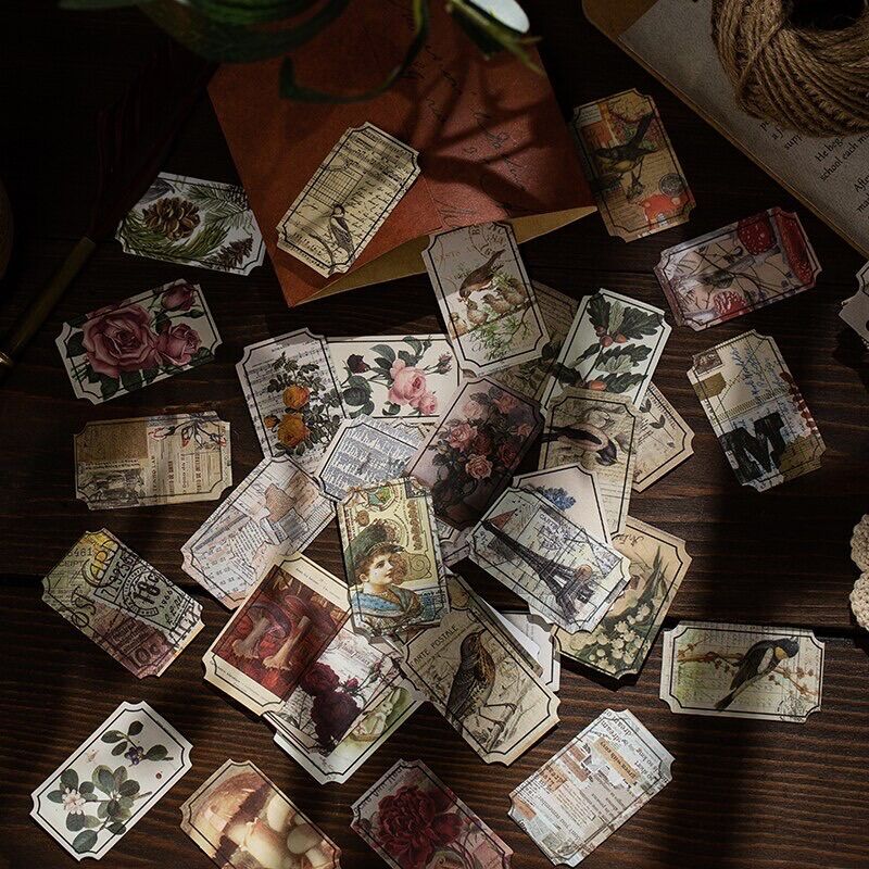 *Sticker vintage - Set 40 Sticker hình hoa hồng, cây nấm và bướm theo phong cách vintage
