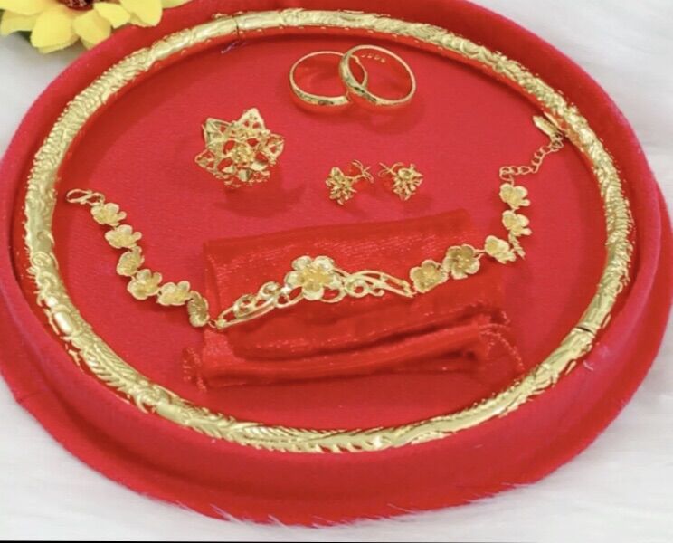 Set bộ trang sức kiểu cưới mạ vàng 24k có hộp đỏ đựng y hình