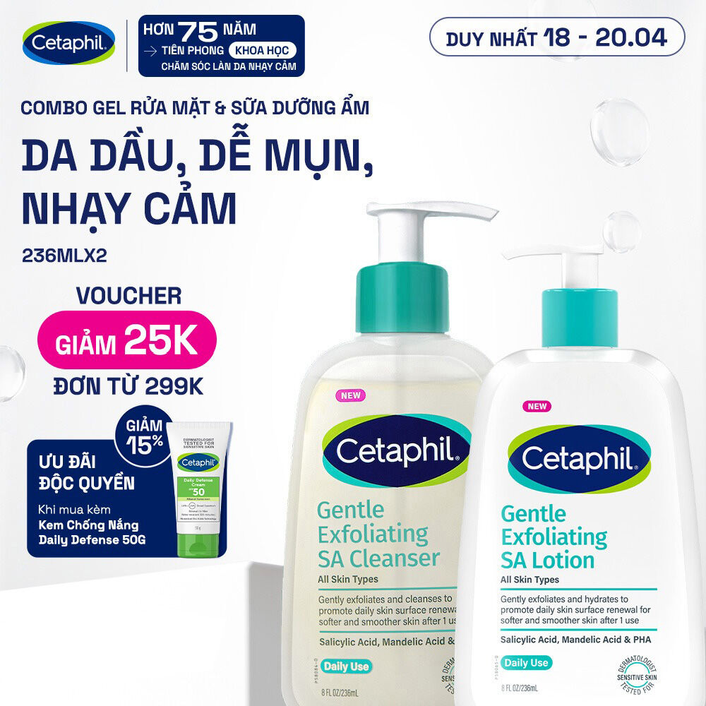 Combo Gel rửa mặt làm sạch dầu nhờn, ngăn mụn và Sữa dưỡng ẩm tẩy tế bào chết dịu nhẹ cho da dầu, mụn, nhạy cảm SA 236ml