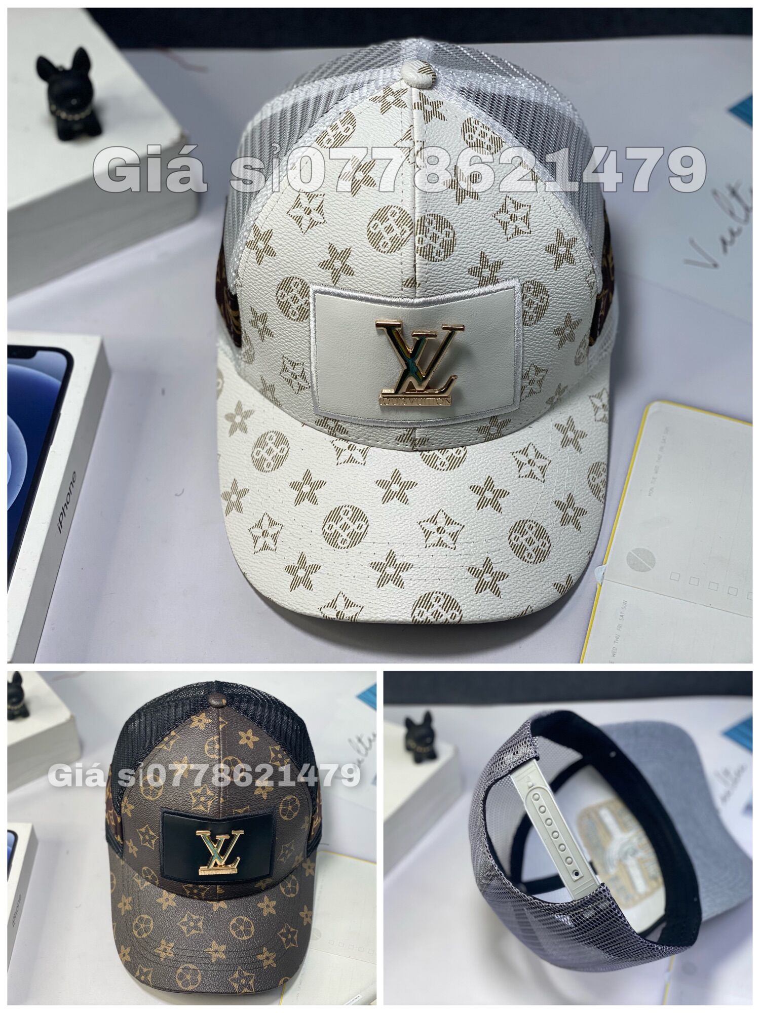 Nón kết da in bông logo sắt phối lưới thời trang