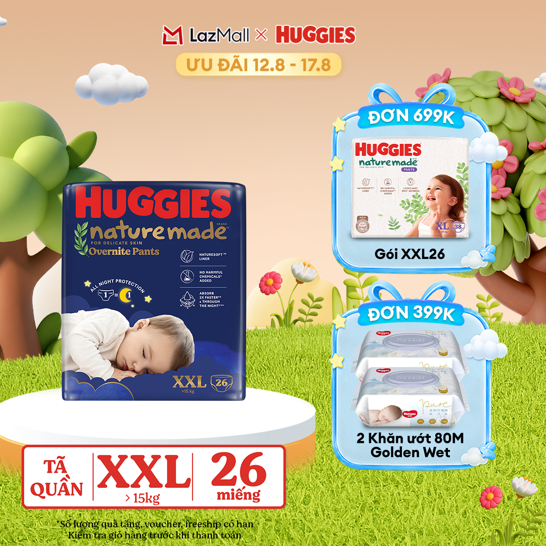 [12-17.08 QUÀ TẶNG ĐƠN 399K] Tã quần Huggies Naturemade ban đêm XXL26