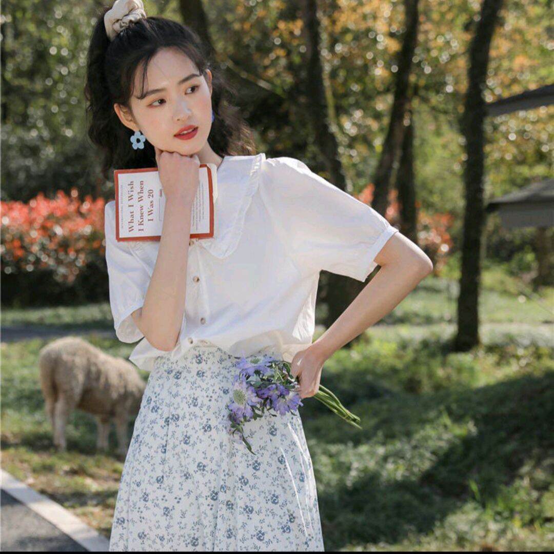 áo sơ mi cổ bèo cộc tay vintage ảnh thật