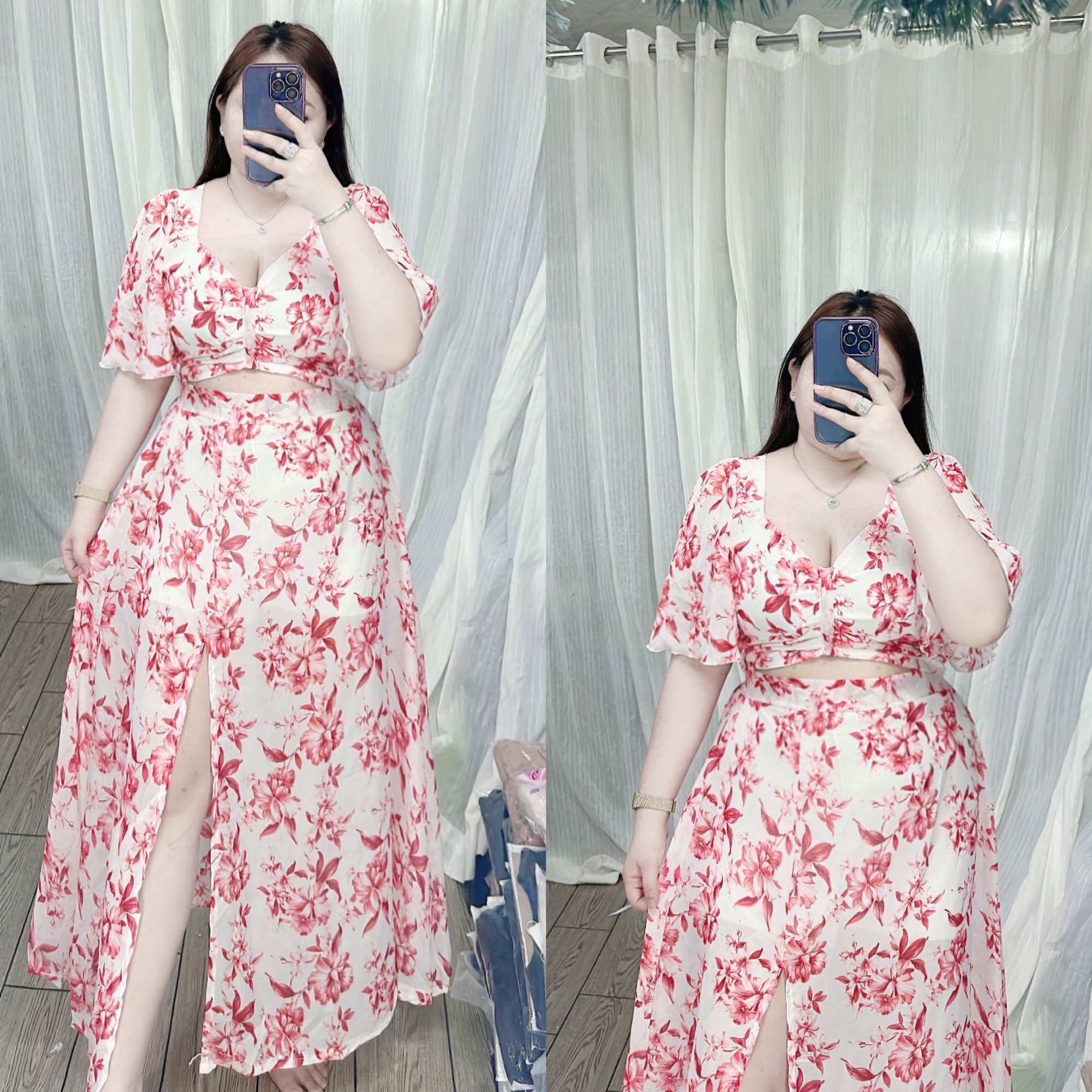 [Bigsize 65-90kg] Set áo chân váy voan xẻ tà