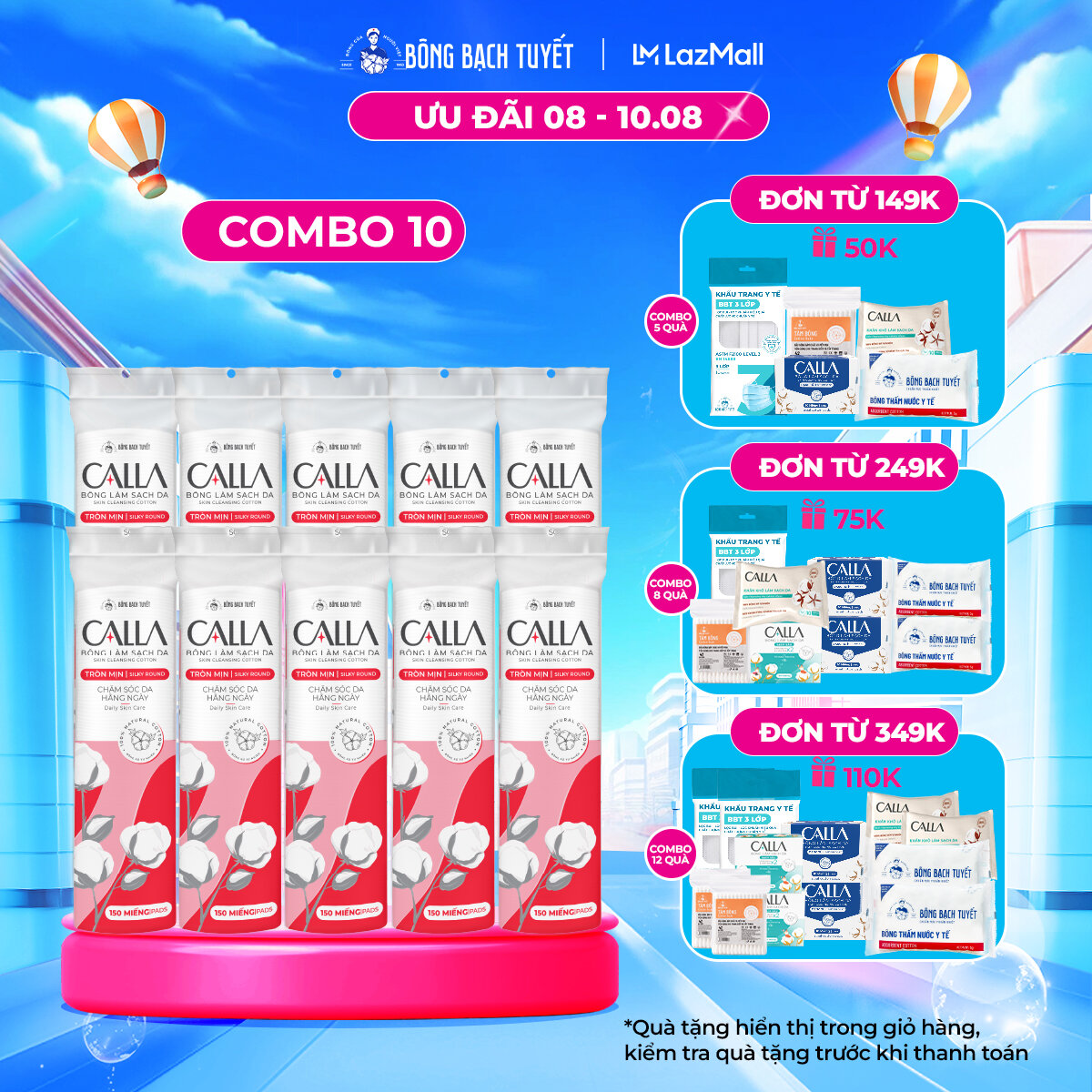 Combo 10 Gói Bông Tẩy trang làm sạch da Bông Bạch Tuyết Calla tròn mịn 150 miếng/gói