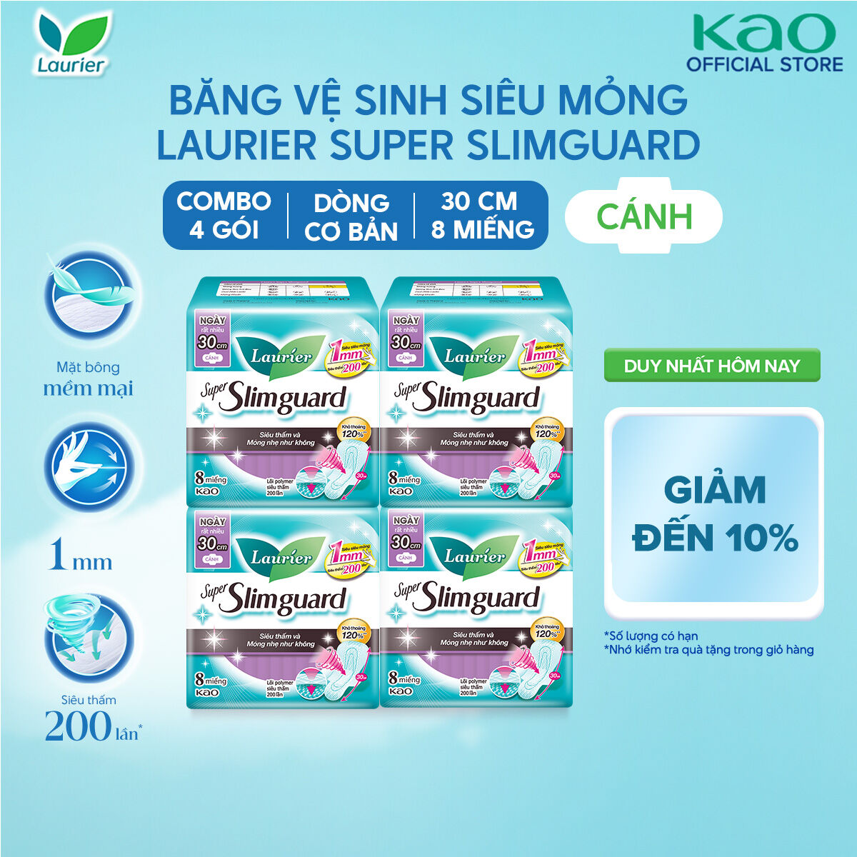 Combo 4 gói BVS Laurier siêu mỏng bảo vệ 1mm 30cm 8 miếng