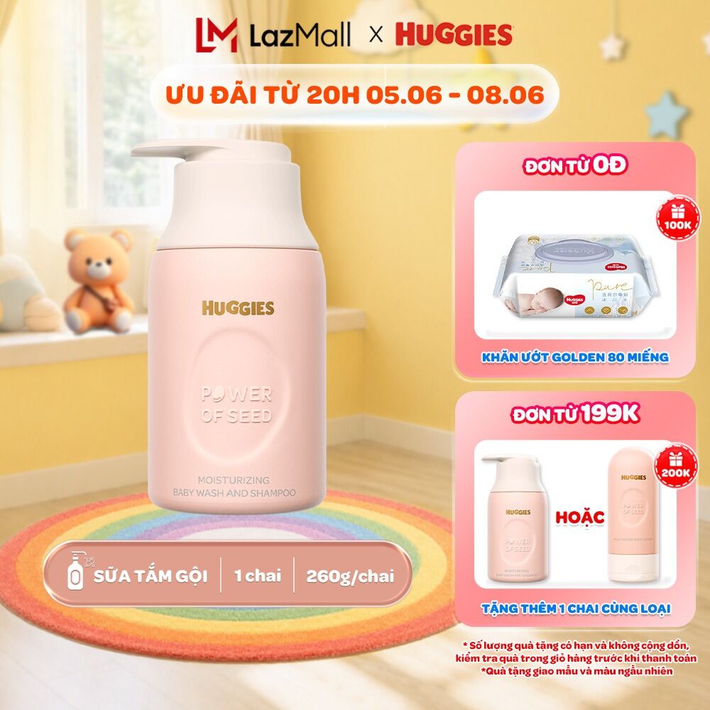 Sữa tắm gội dưỡng ẩm cho bé Huggies Power of Seed 260g MỚI với tinh chất Moroccan Seed oil quý hiếm