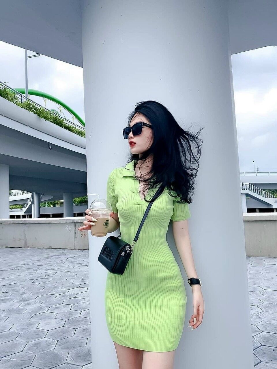 Váy đầm body len nữ cổ bẻ bassic