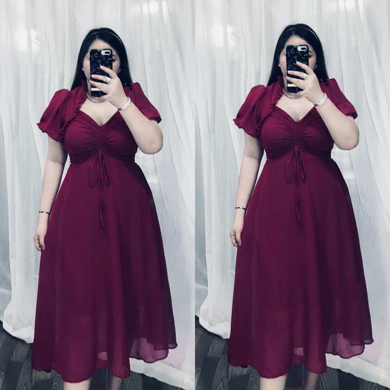 [Bigsize 60-90kg] Đầm rút voan tay bí