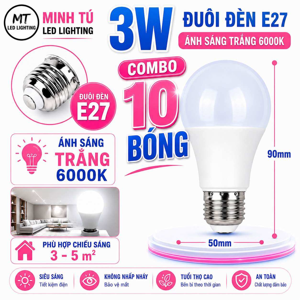 Combo 10 Bóng LED Kín Nước 3W E27 Ánh Sáng Trắng 6500K / Vàng 3000K - Tiết Kiệm Điện - Dùng Cho Dây Đèn Trang Trí Ngoài Trời