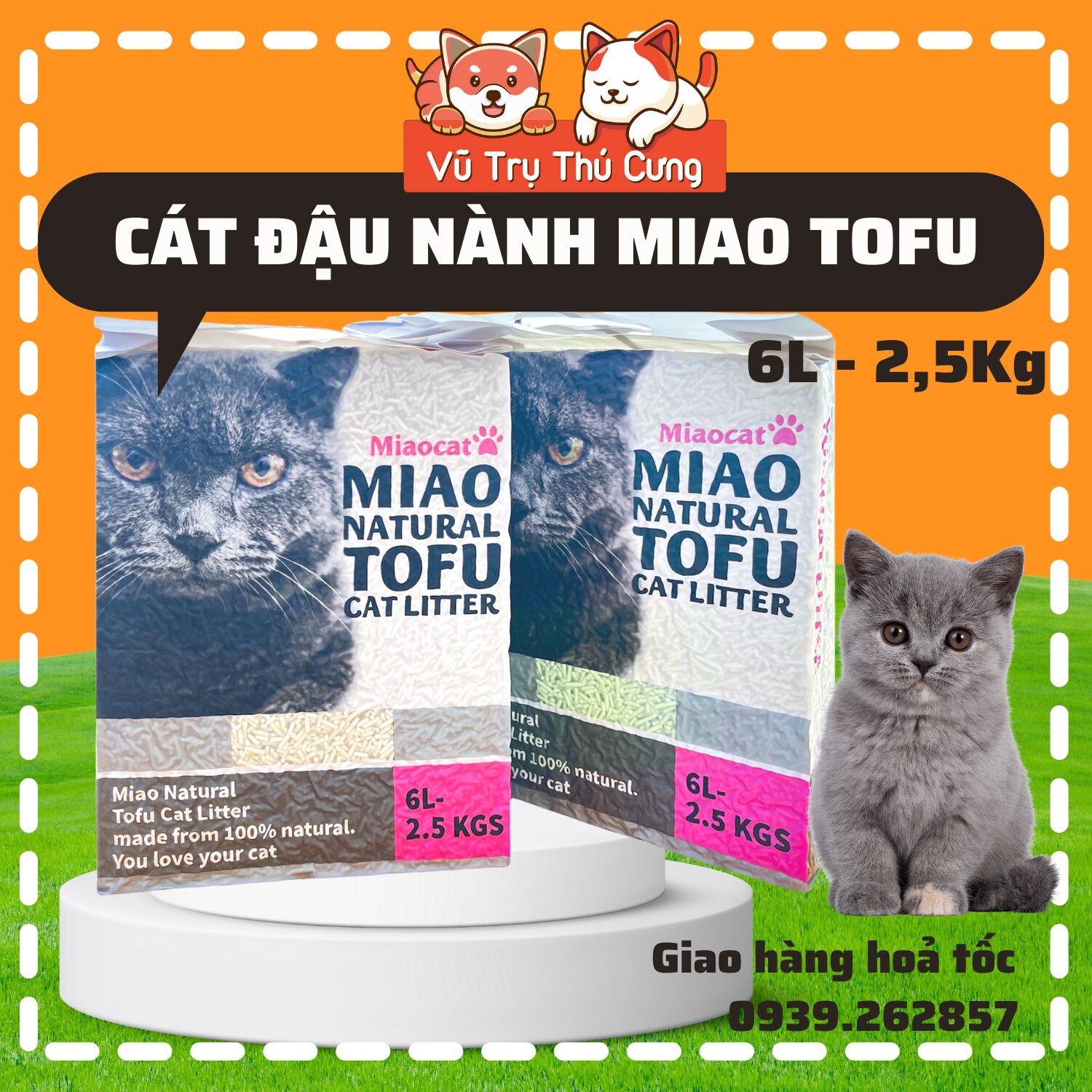 Cát đậu nành Tofu Miao 6L cho mèo đi vệ sinh, Cát mèo khử mùi, vón cục tốt