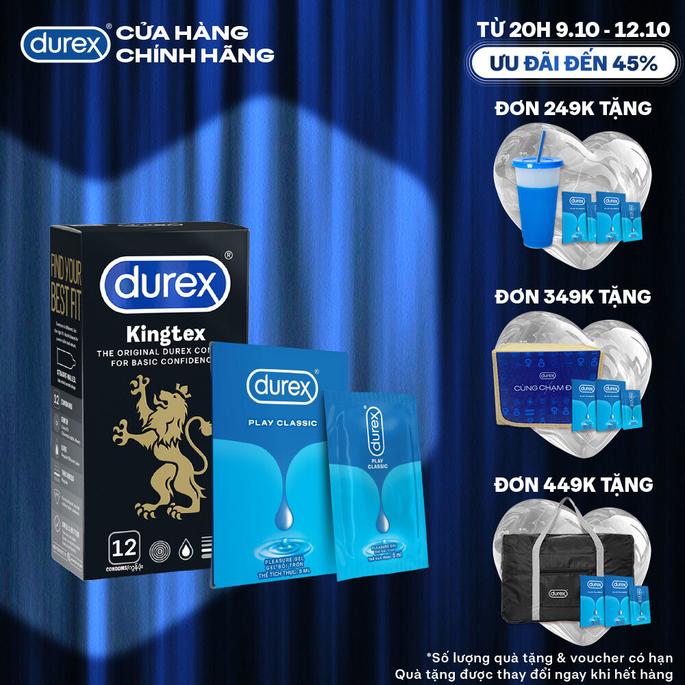 Combo Bao cao su Durex Kingtex ôm sát, bôi trơn, size 49mm, hộp 12 bao + Gel Classic Dạng Gói 5ml
