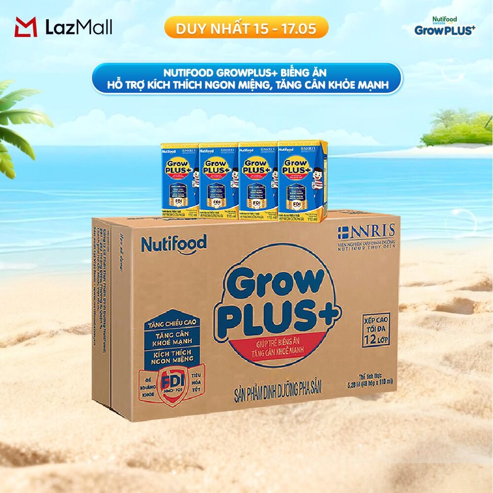 Thùng Sữa Bột Pha Sẵn Nutifood GrowPLUS+ Biếng Ăn 110ml - Hỗ Trợ Kích Thích Ngon Miệng, Tăng Cân Khỏe Mạnh - Trên 2 Tuổi (48 Hộp x 110ml)