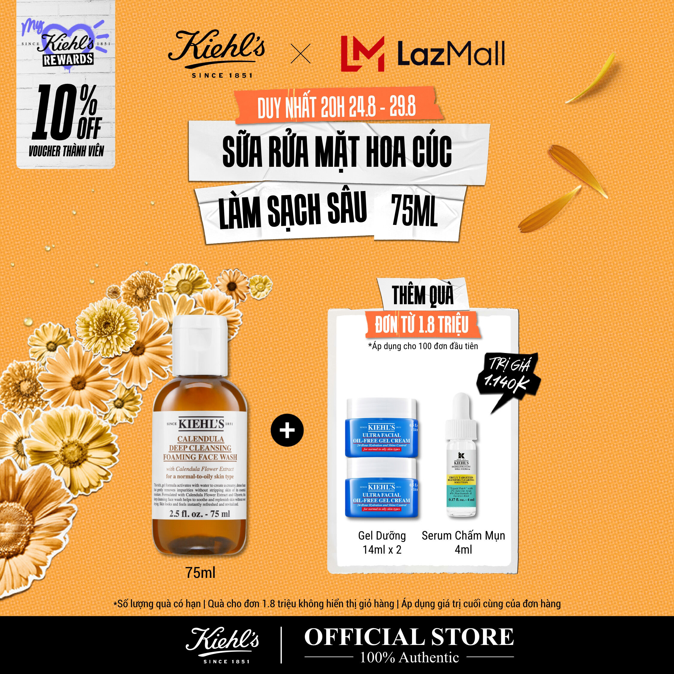 [VOUCHER 10% - TẶNG QUÀ ĐƠN 1.8TR] Sữa rửa mặt hoa cúc Kiehl's Calendula Deep Cleansing Foaming Face Wash 75ml