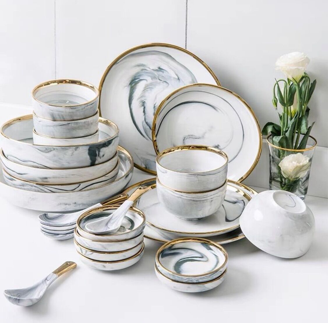 Bộ chén , đĩa , bát ăn cao cấp ghi vân đá 32 chi tiết