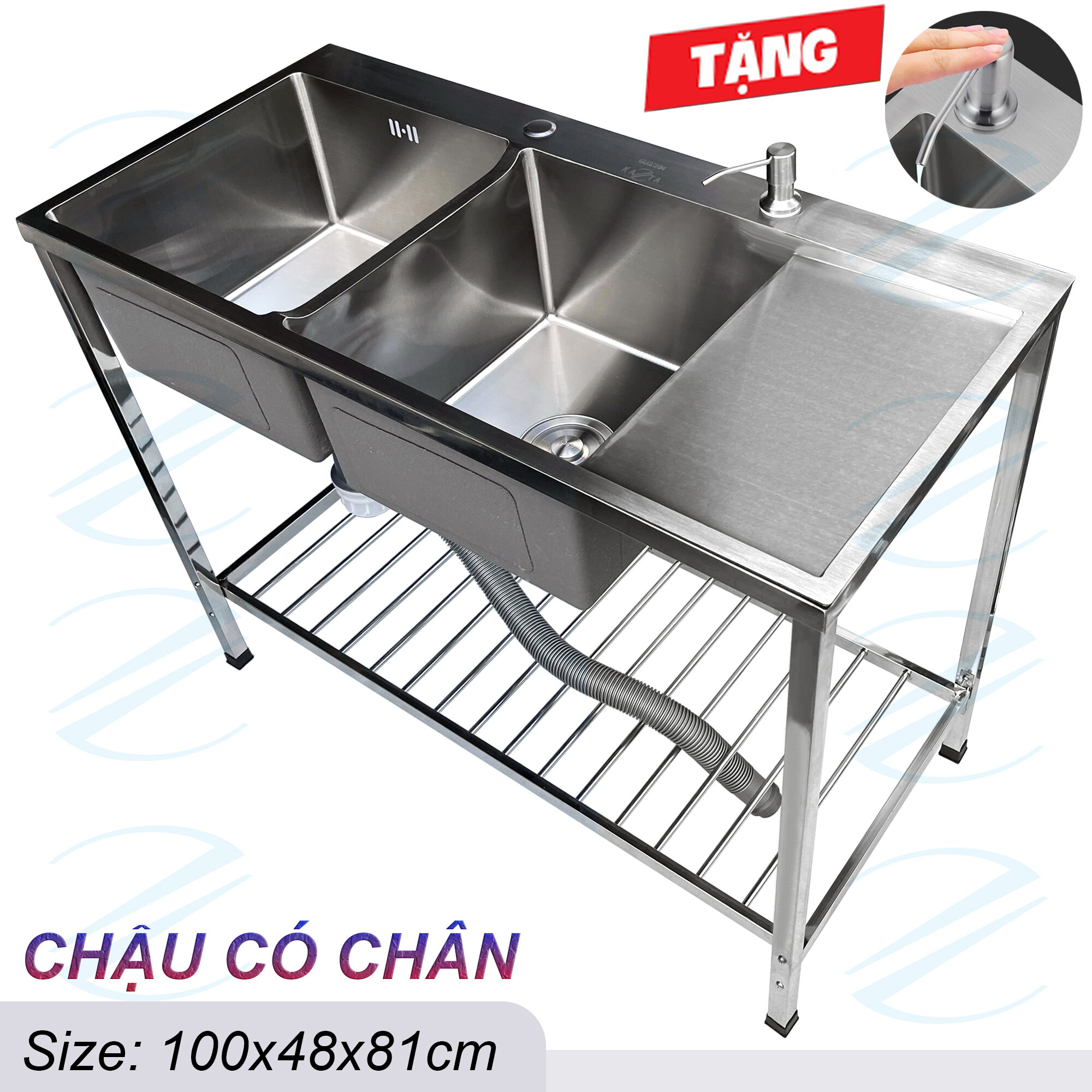 COMBO Chậu Rửa Bát Inox Có Chân Kích Thước 100x48x81cm Kiểu 2 Hộc Có Bàn C43 Và C43K - Đủ bộ gồm chậ