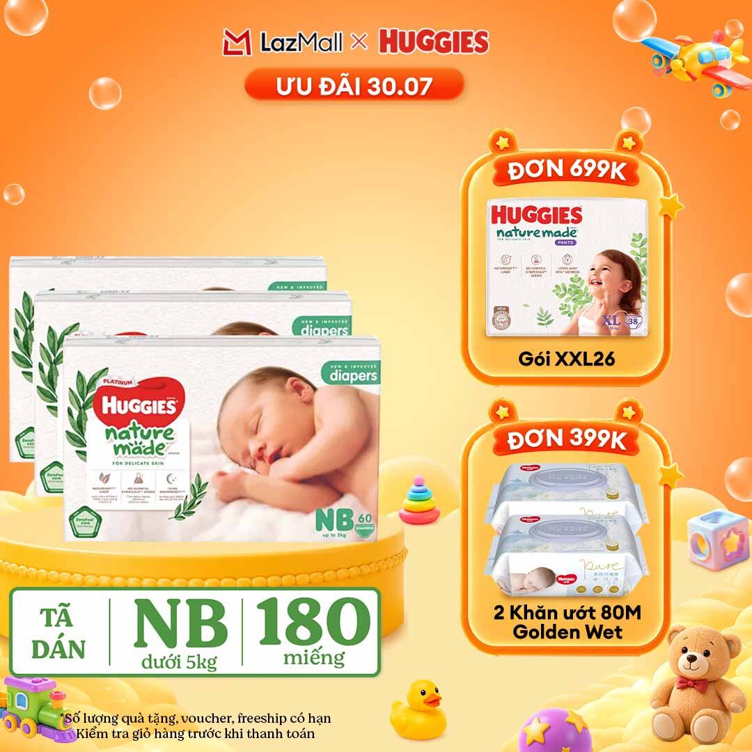 [30.7 QUÀ TẶNG ĐƠN 399K] Combo 3 Tã/Bỉm dán sơ sinh Huggies Platinum NatureMade NB60 (dưới 5kg)-Gói Jumbo 60 miếng