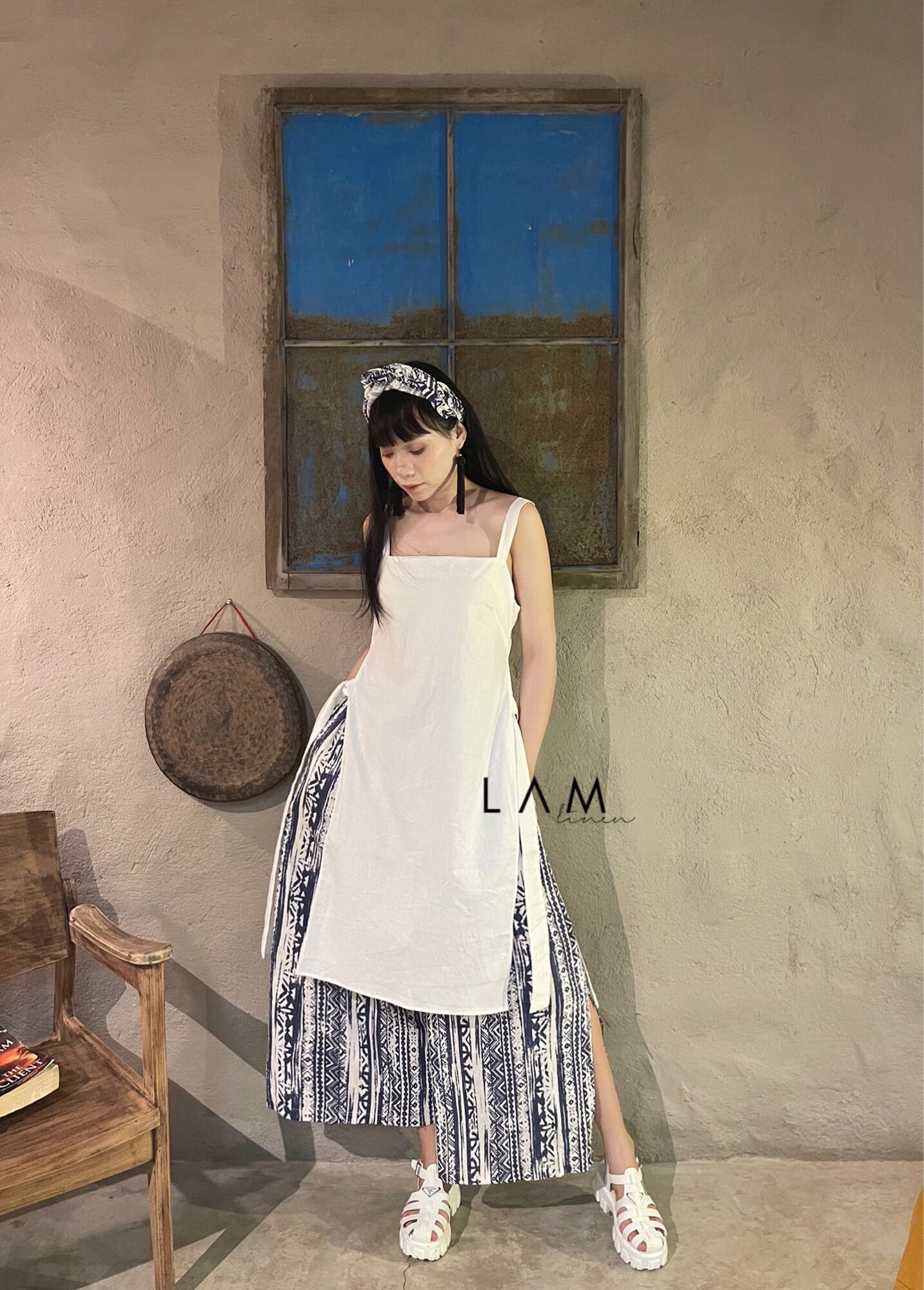 Set Áo xẻ tà và Quần ống rộng thổ cẩm vải LInen