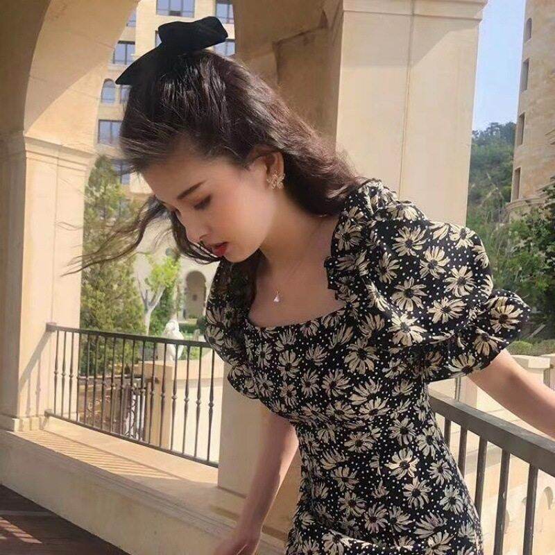 Váy Midi in Hoa Cúc Cổ Điển Mùa Hè 2023 Cho Nữ Váy Midi Tay Ngắn Dáng Chữ a Cạp Vừa Váy Công Sở Thường Ngày