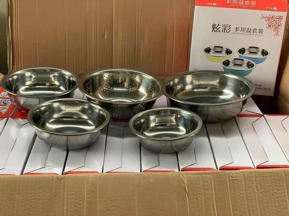 Freeshipmax SÉT 5 MÓN CHẬU VÀ RỔ INOX XUẤT KHẨU