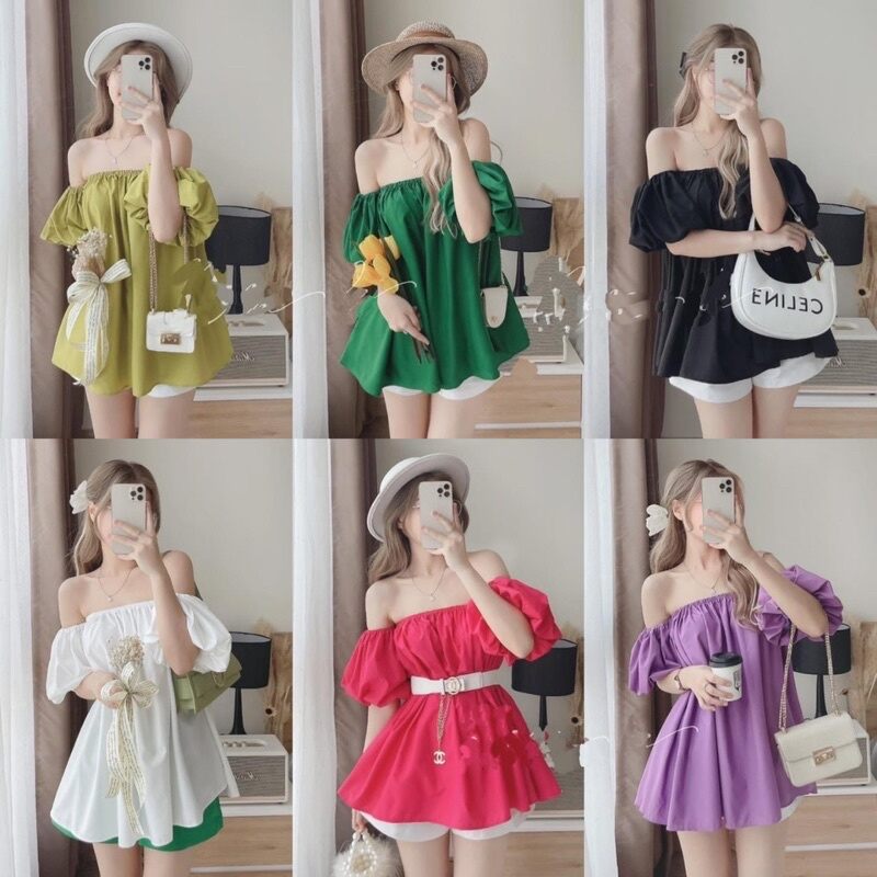 Áo trễ vai tay ngắn phồng phồng áo dấu quần b19