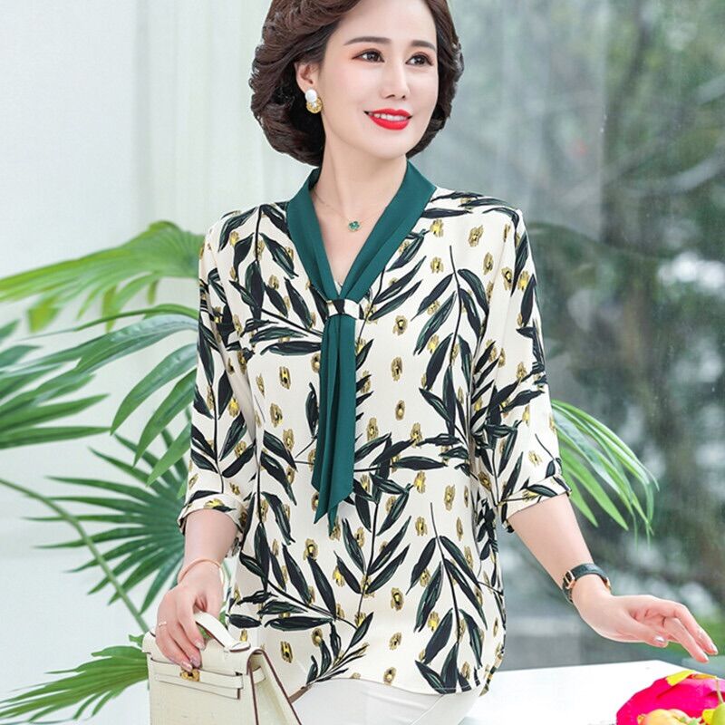 Áo sơ mi trung niên thắt nơ, áo kiểu trung tuổi cho mẹ, áo công sở trung niên