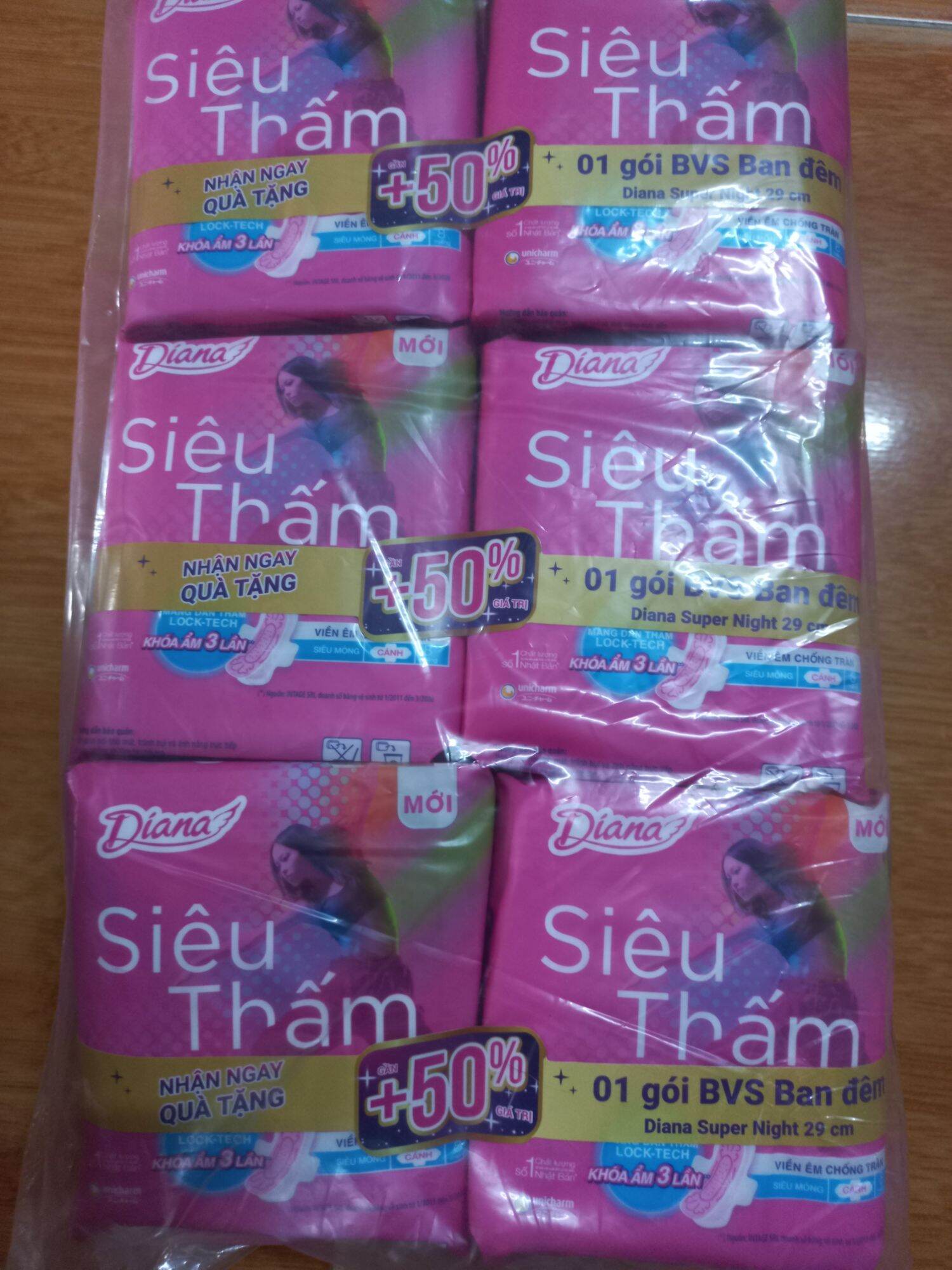 combo mua 6 gói diana mỏng cáng tặng 12 miếng đêm 29cm