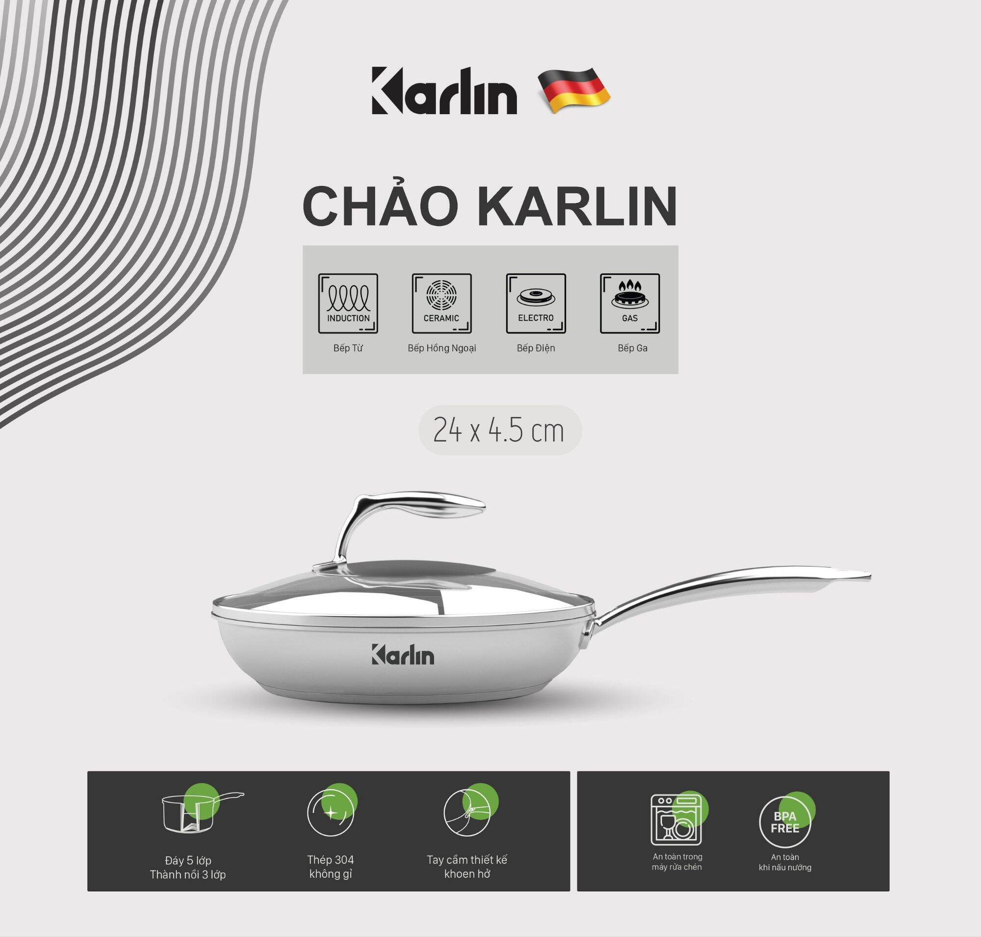 Chảo Inox KARLIN  - Chảo KARLIN 5 đáy Chống Dính Thương Hiệu Đức