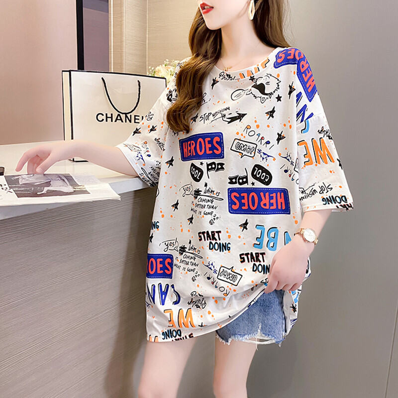 Áo Thun Cộc Tay Dáng Dài Vừa Nữ Mẫu Mới Mùa Hè 2021 Hàng Châu Âu Thương Hiệu Sành Điệu Siêu Hot Kiểu In Họa Tiết Chữ Cỡ Lớn Rộng Rãi CEC