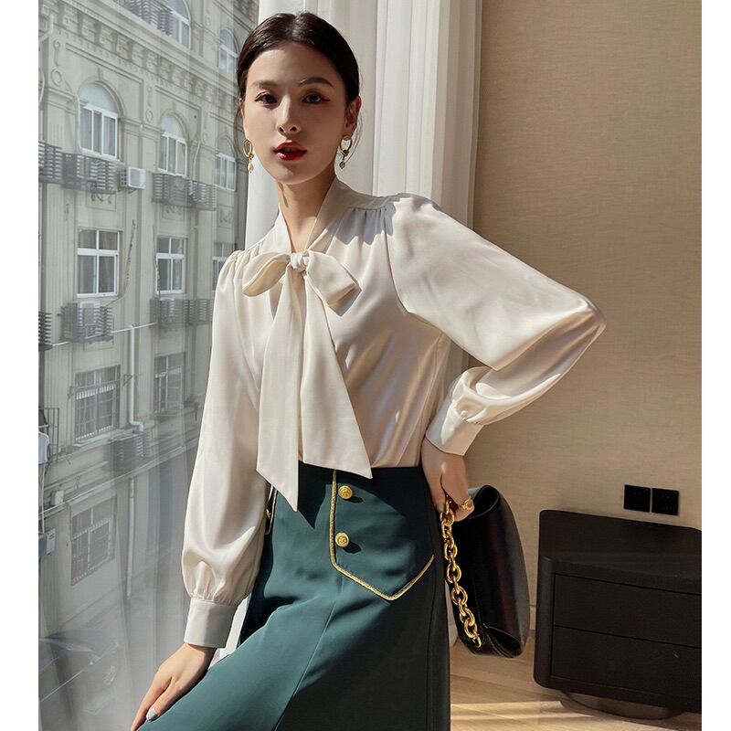 Áo sơ mi lụa tay phồng cột nơ tiểu thư nhẹ nhàng sang chảnh, áo sơ mi công sở