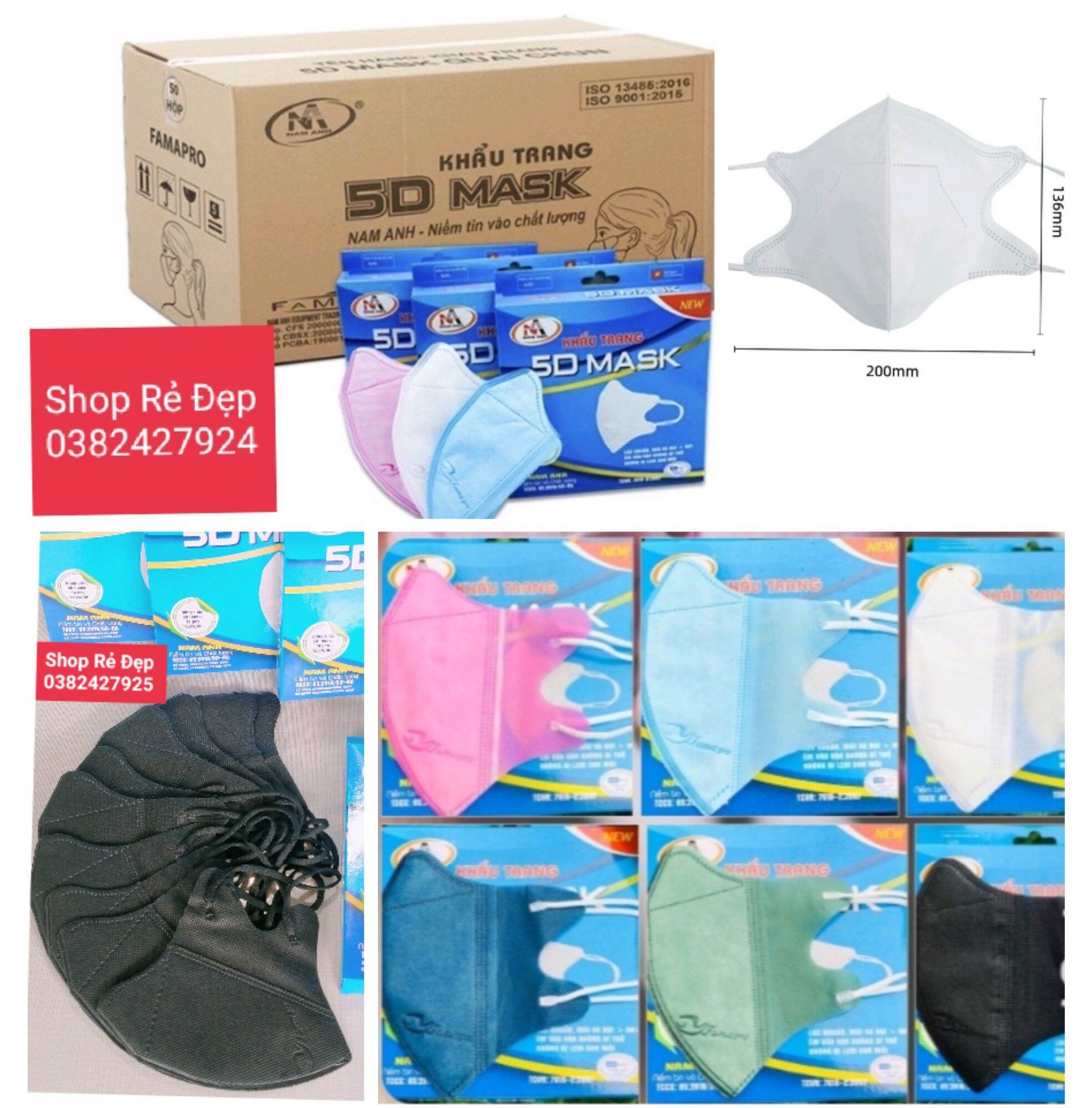 Combo 10 hộp khẩu trang y tế 5D quai thun. mỗi hộp 10 cái. có đủ màu được mix màu. hãng Nam Anh famapro