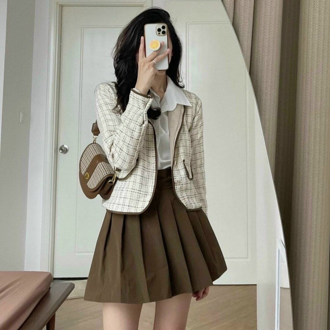 Set áo khoác dạ kèm chân váy xếp li ulzzang