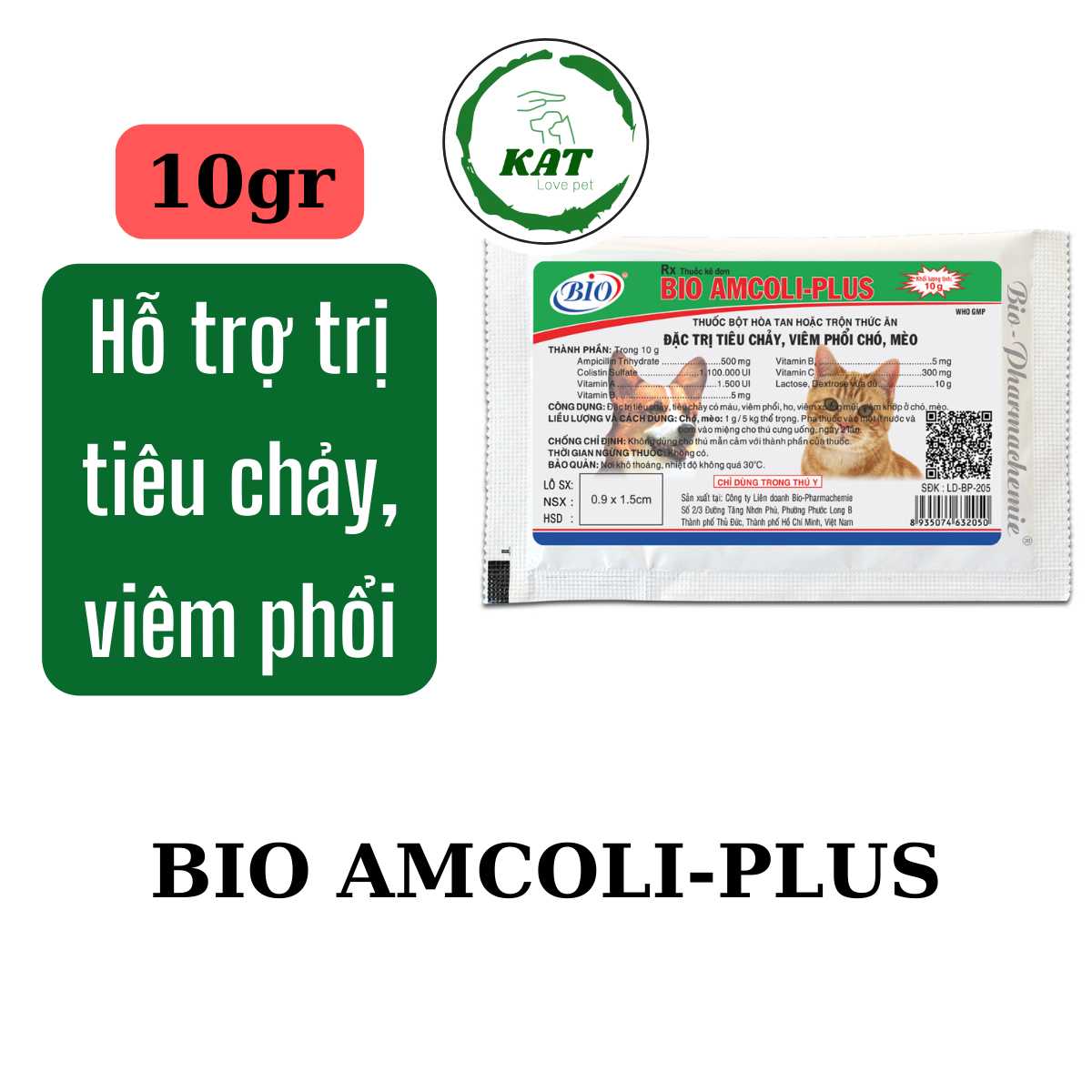 Bột bio amcoli plus trị tiêu chảy, viêm phổi cho chó mèo - gói 10gr - kat store